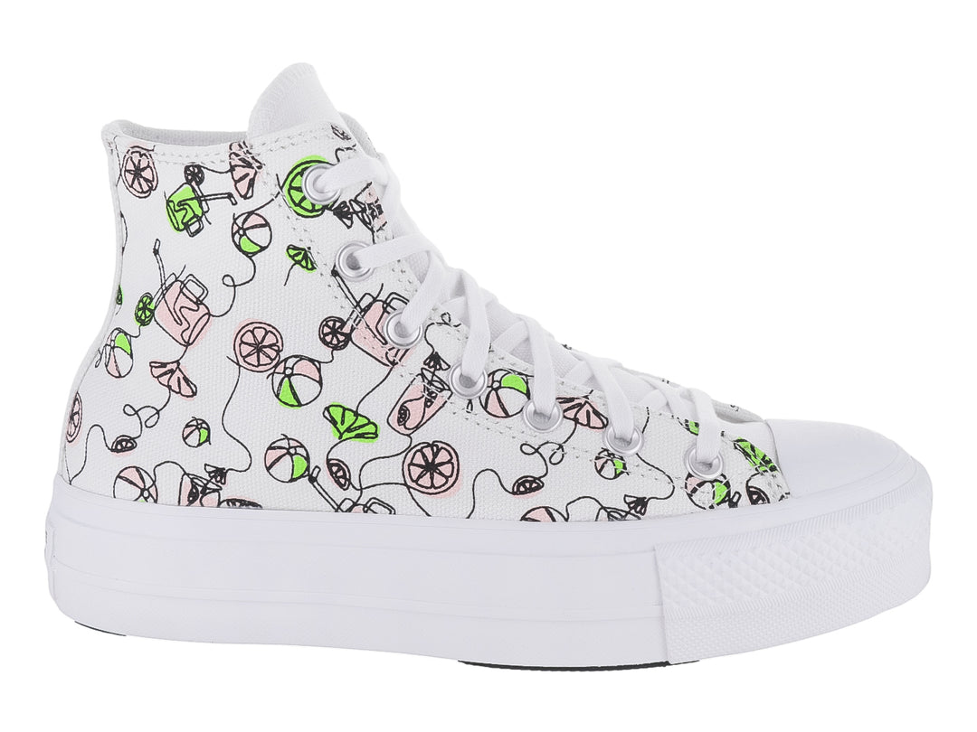 Tenis Converse blancos de bota con plataforma y estampado de vasos de limonada en rosa y verde.