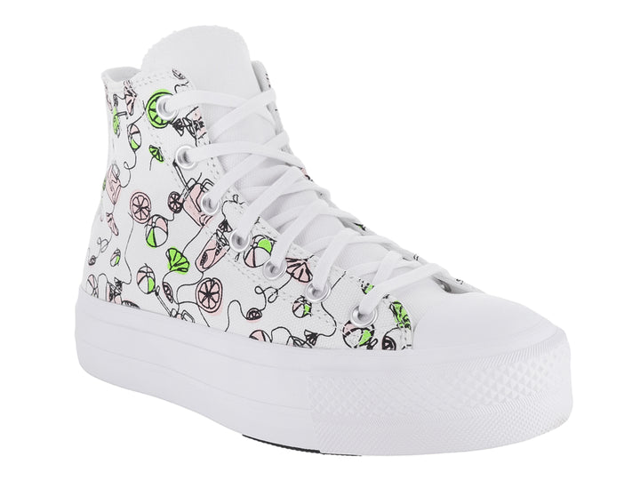 Tenis Converse blancos de bota con plataforma y estampado de vasos de limonada en rosa y verde.