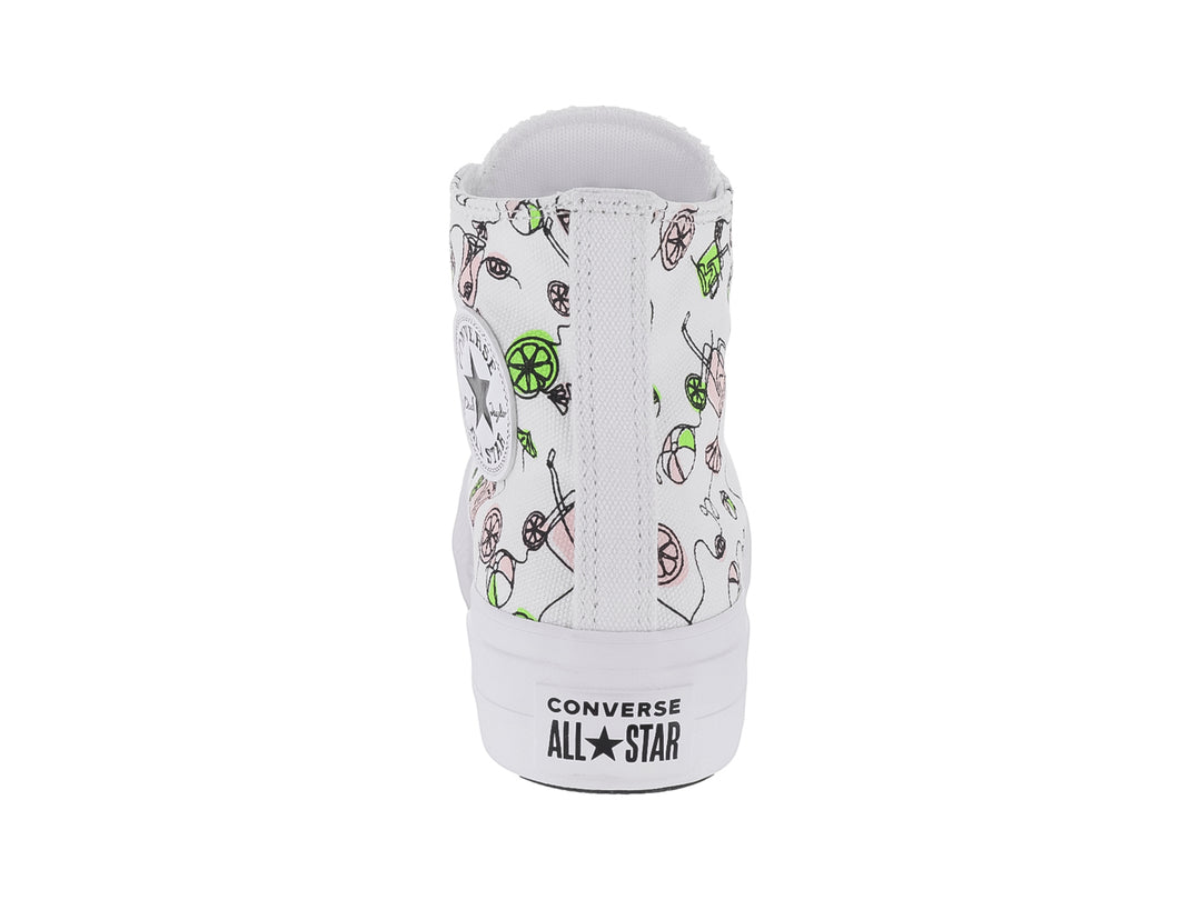 Tenis Converse blancos de bota con plataforma y estampado de vasos de limonada en rosa y verde.