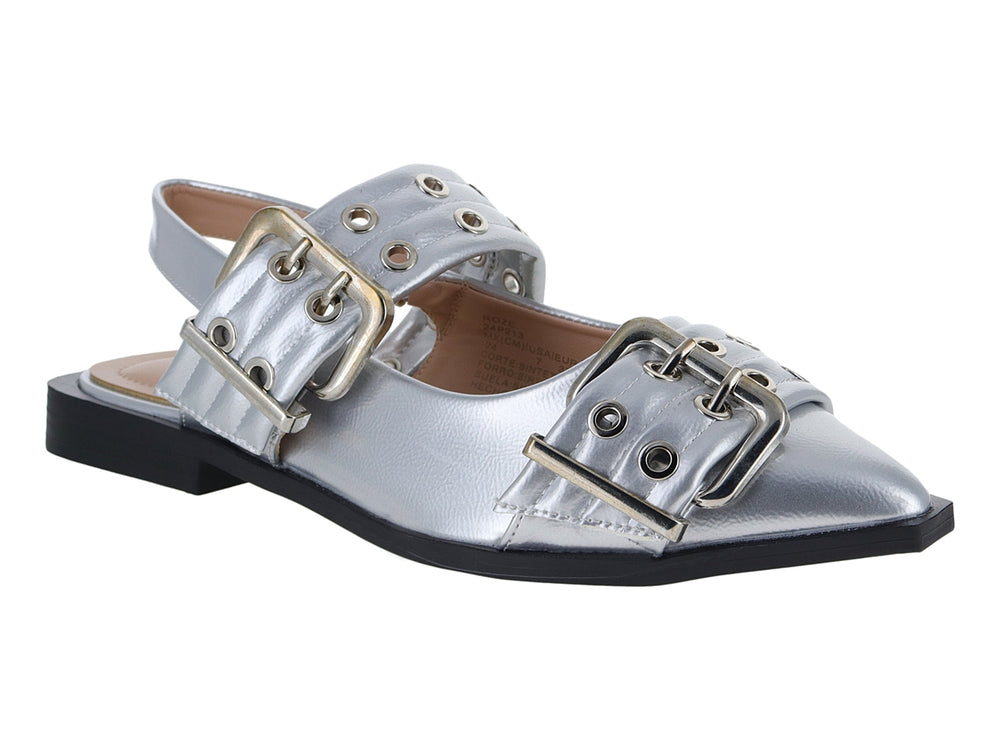 Zapato plano color plata con hebillas y correa para Niña.