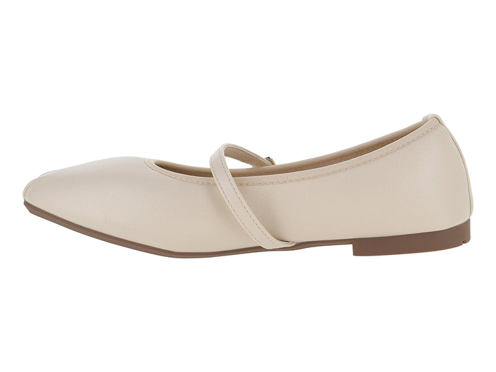 Zapato plano color bone para mujer con correa y hebilla metálica, suela café.