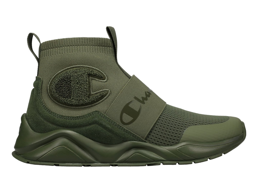 Tenis deportivos Champion color verde oliva, estilo slip-on con suela gruesa y tejido de malla.