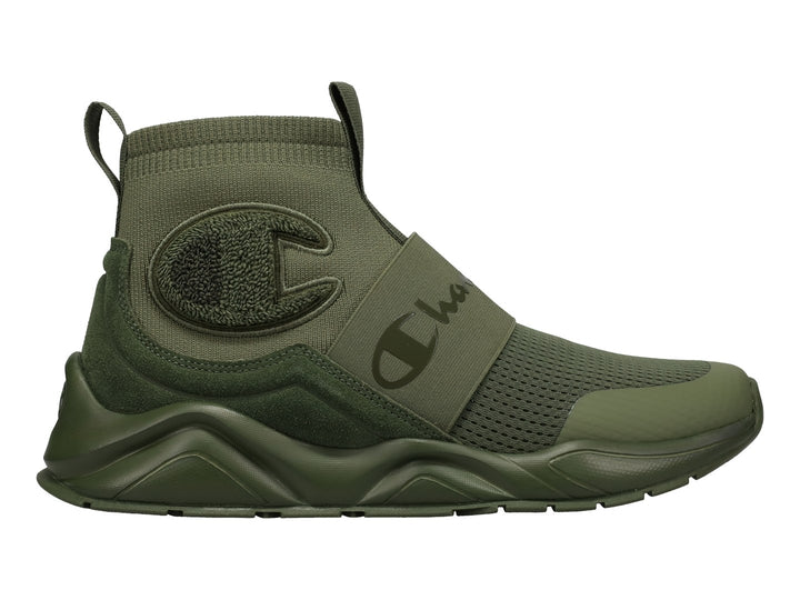 Tenis deportivos Champion color verde oliva, estilo slip-on con suela gruesa y tejido de malla.