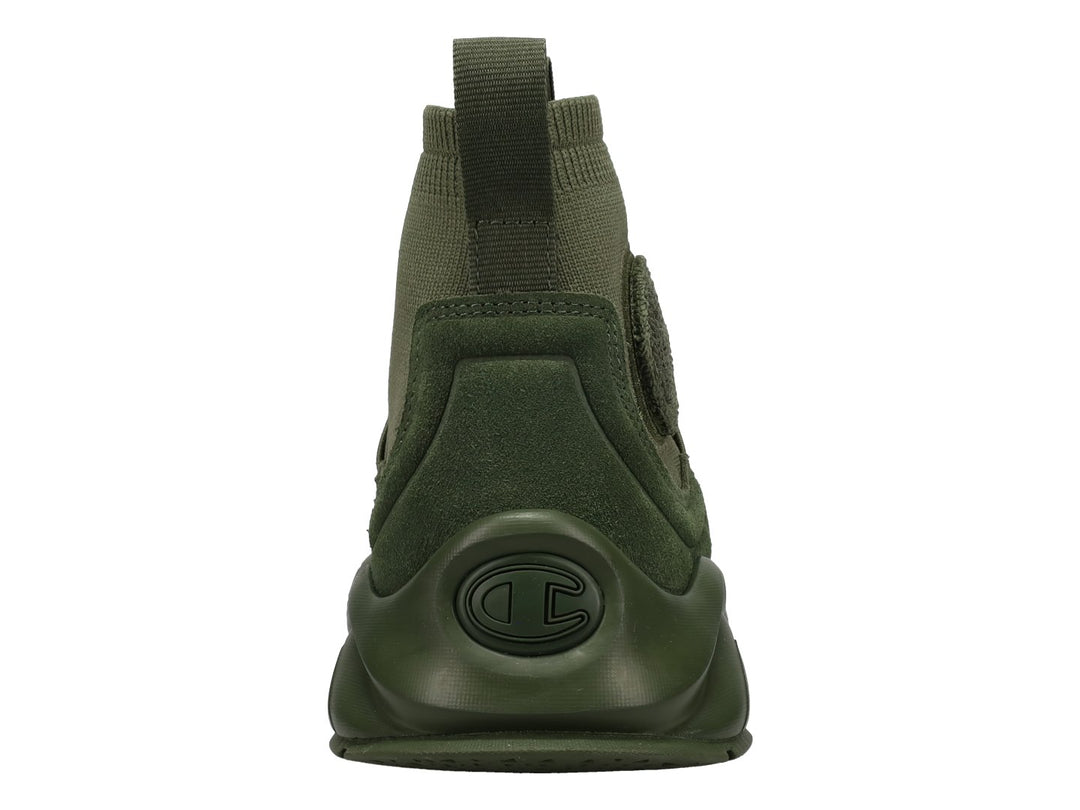 Tenis deportivos Champion color verde oliva, estilo slip-on con suela gruesa y tejido de malla.