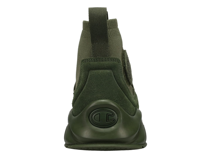 Tenis deportivos Champion color verde oliva, estilo slip-on con suela gruesa y tejido de malla.