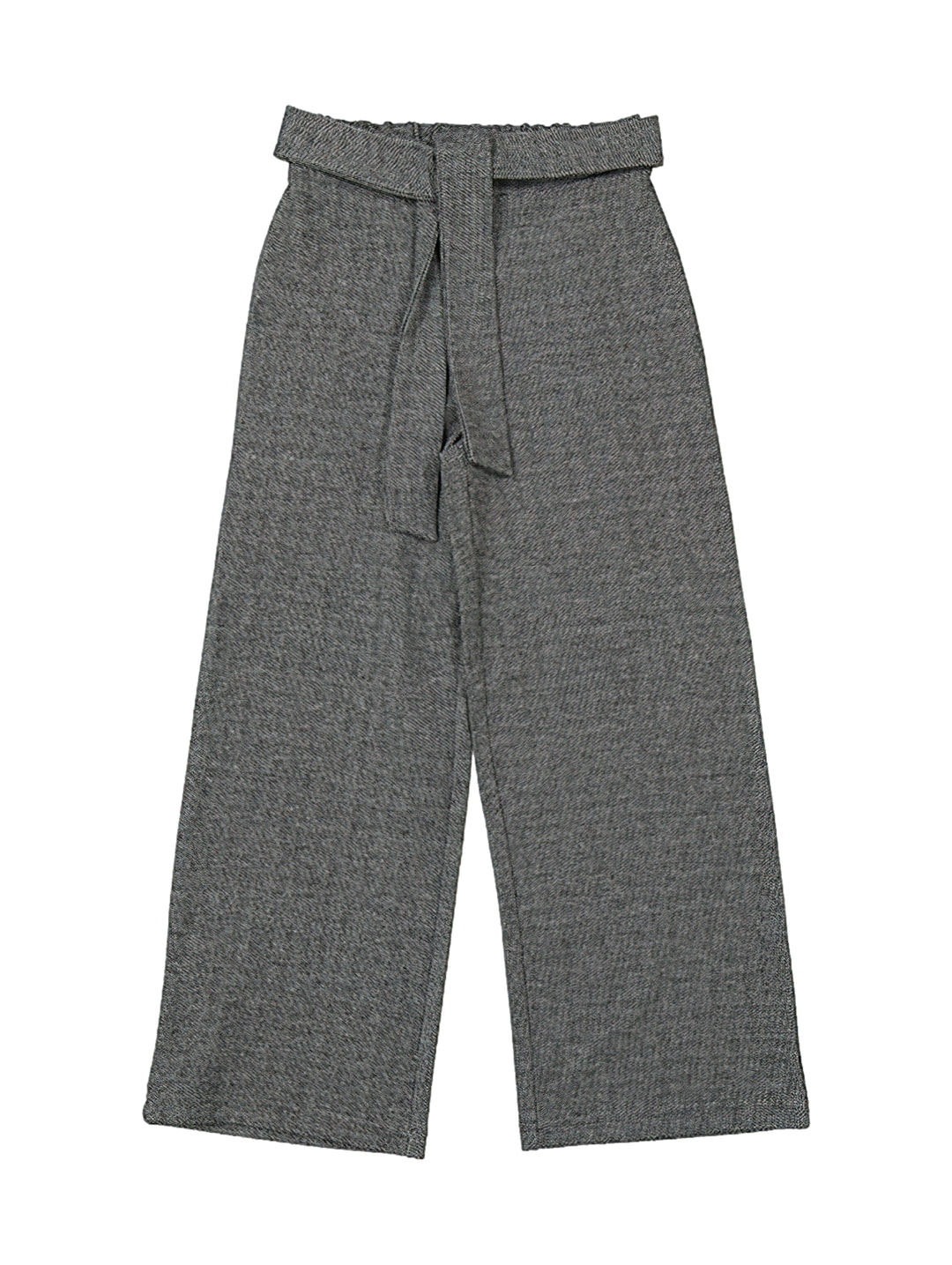 Pantalón infantil color gris plomo con cintura elástica y lazo, diseño de pierna ancha.