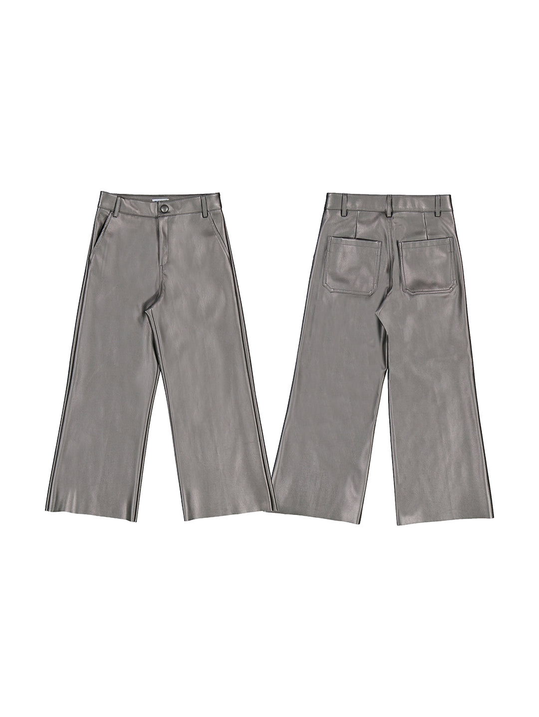 Pantalones color plomo de pierna ancha para niños, vista frontal y posterior.