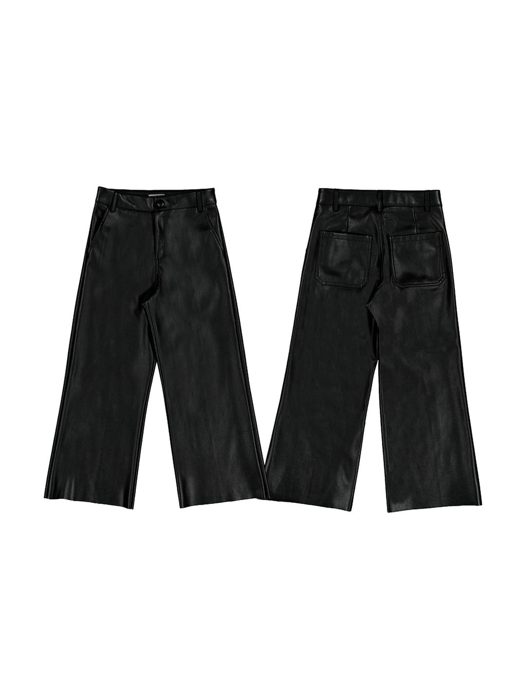 Vista frontal y posterior de un pantalón negro de pierna ancha para niños en material sintético brillante.
