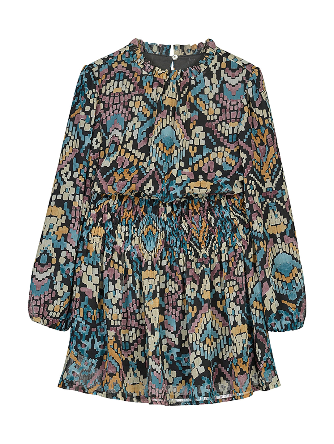 Vestido de manga larga con estampado geométrico multicolor sobre fondo marengo.