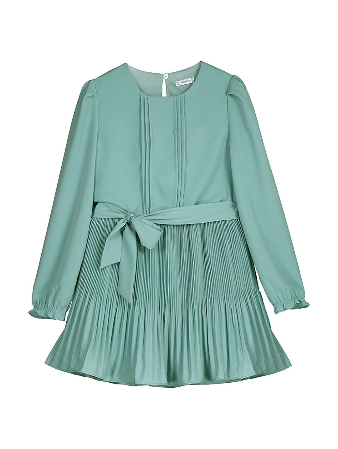 Vestido color lago de manga larga con falda plisada y lazo en la cintura.