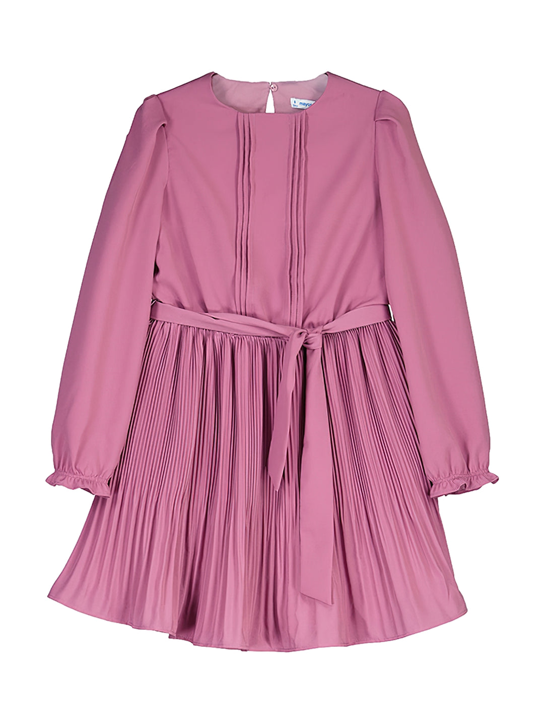Vestido color malva de manga larga con falda plisada y cinturón ajustable.