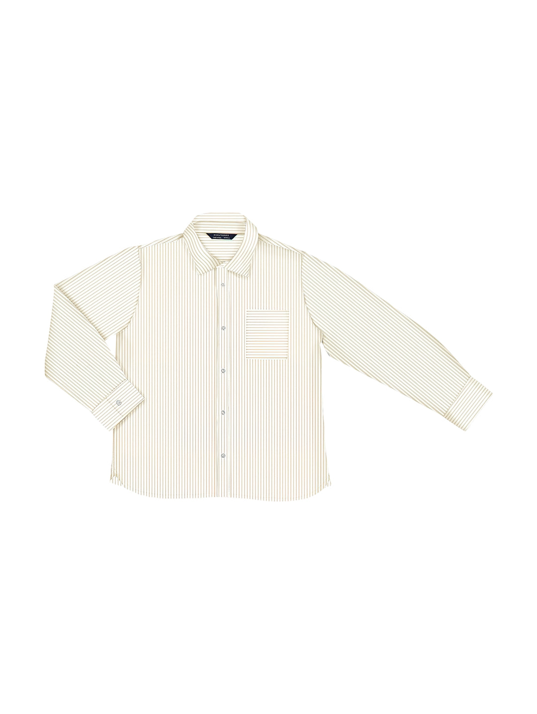 Camisa de manga larga para niño con rayas verticales en tonos beige y crema.