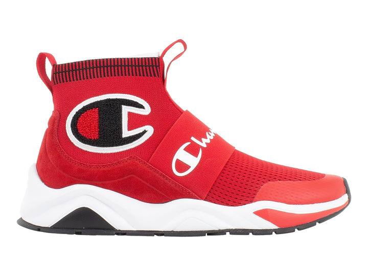 Tenis deportivos Champion color rojo con suela blanca y negra, diseño tipo calcetín sin cordones.