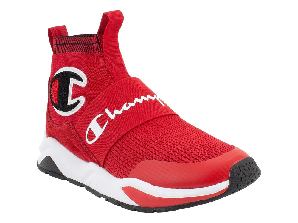 Tenis deportivos Champion color rojo con suela blanca y negra, diseño tipo calcetín sin cordones.