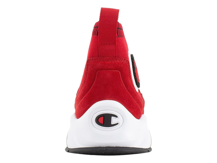 Tenis deportivos Champion color rojo con suela blanca y negra, diseño tipo calcetín sin cordones.