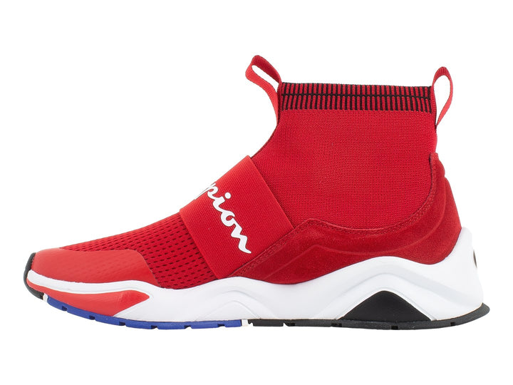 Tenis deportivos Champion color rojo con suela blanca y negra, diseño tipo calcetín sin cordones.