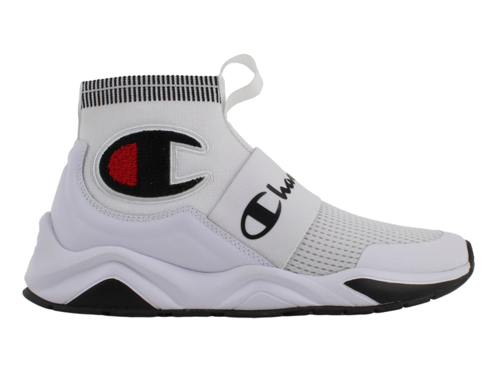 Tenis deportivos Champion blancos estilo calcetín con suela negra.