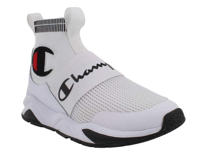 Tenis deportivos Champion blancos estilo calcetín con suela negra.
