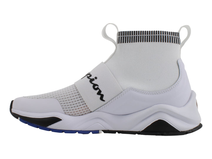 Tenis deportivos Champion blancos estilo calcetín con suela negra.
