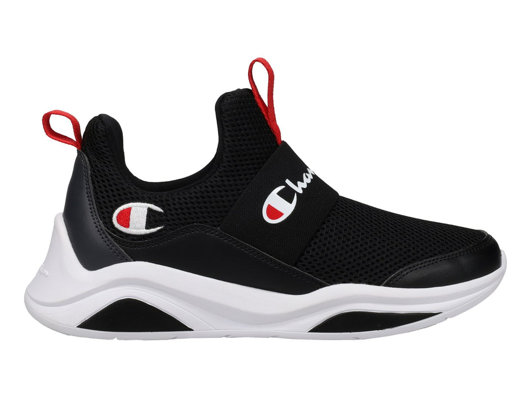 Tenis deportivos Champion color negro con suela blanca y detalles en rojo, estilo slip-on.