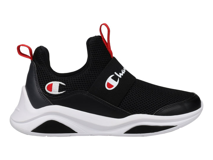 Tenis deportivos Champion color negro con suela blanca y detalles en rojo, estilo slip-on.