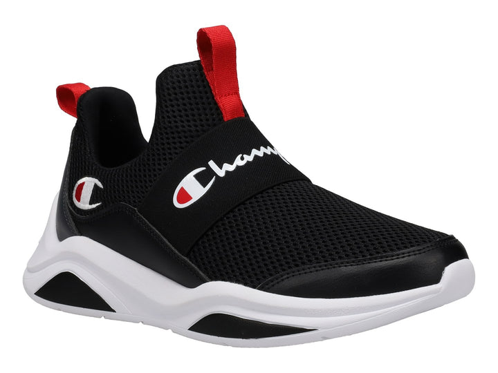 Tenis deportivos Champion color negro con suela blanca y detalles en rojo, estilo slip-on.