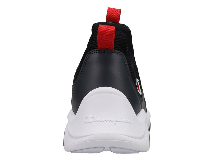 Tenis deportivos Champion color negro con suela blanca y detalles en rojo, estilo slip-on.