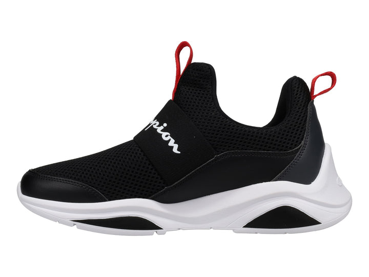 Tenis deportivos Champion color negro con suela blanca y detalles en rojo, estilo slip-on.