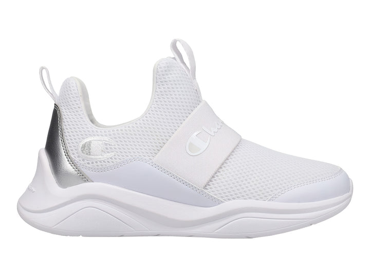 Tenis deportivos Champion blancos con detalles en plata, diseño slip-on sin cordones y suela blanca.