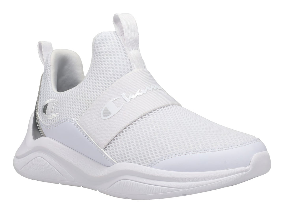 Tenis deportivos Champion blancos con detalles en plata, diseño slip-on sin cordones y suela blanca.