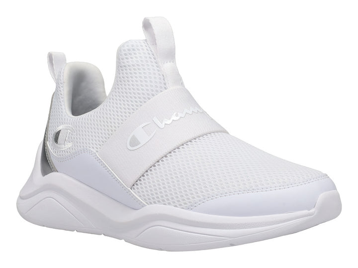 Tenis deportivos Champion blancos con detalles en plata, diseño slip-on sin cordones y suela blanca.