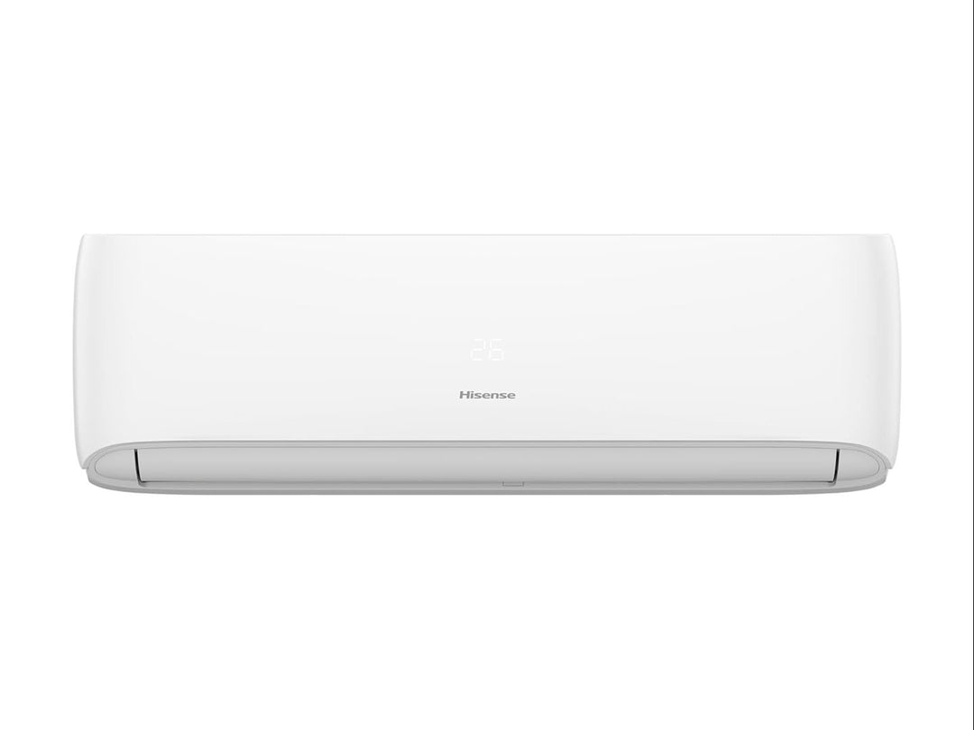 Minisplit Hisense de color blanco con diseño moderno y rectangular para control de clima.