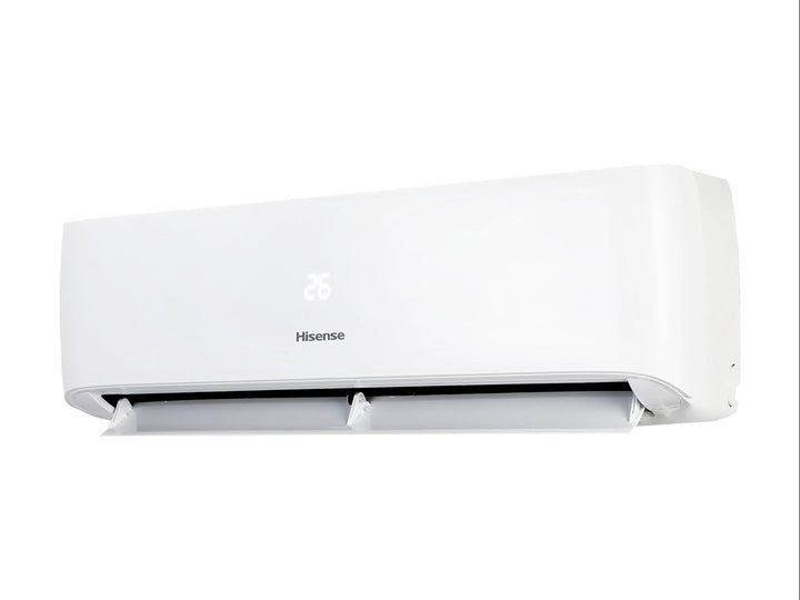 Minisplit Hisense de color blanco con diseño moderno y rectangular para control de clima.
