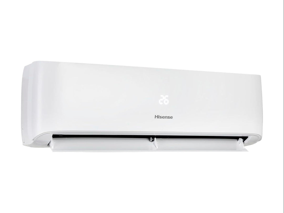 Minisplit Hisense de color blanco con diseño moderno y rectangular para control de clima.