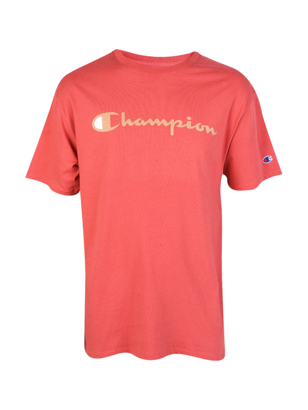 Camiseta de manga corta color durazno con el nombre de la marca Champion en el pecho.