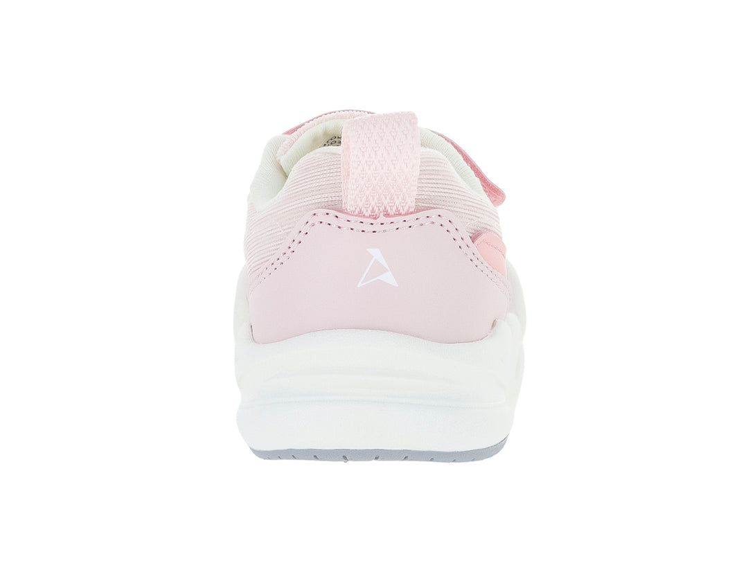 Tenis deportivos infantiles color rosa y blanco con detalles en azul claro y correa de velcro.