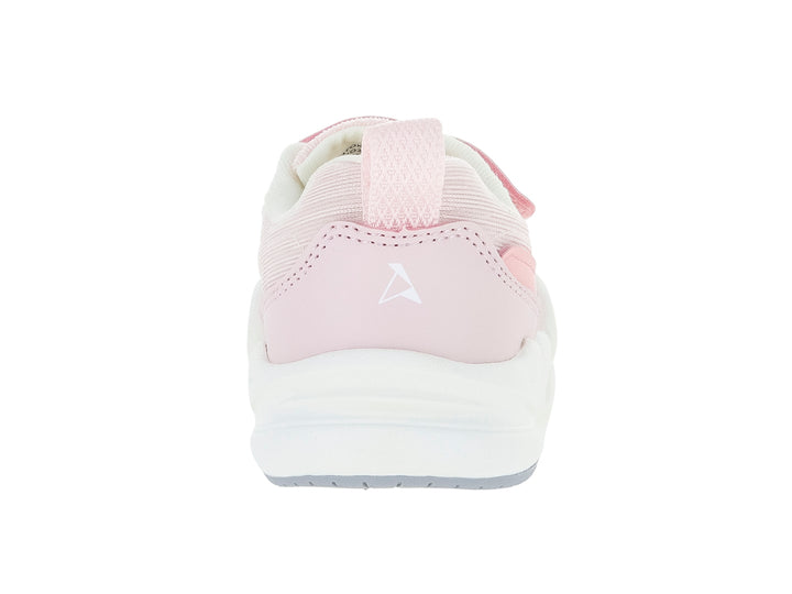 Tenis deportivos infantiles color rosa y blanco con detalles en azul claro y correa de velcro.