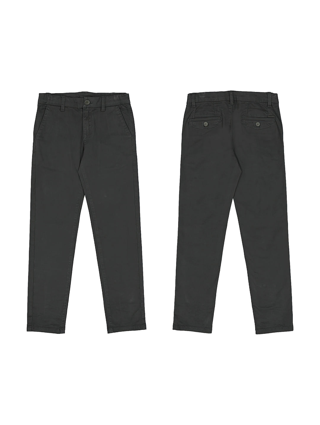 Pantalón largo de color gris oscuro para niño, vista frontal y posterior.
