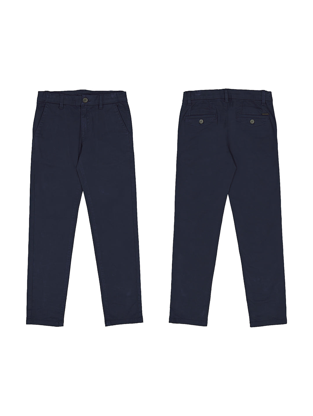 Vista frontal y posterior de un pantalón chino color azul marino para niño de la marca Mayoral.