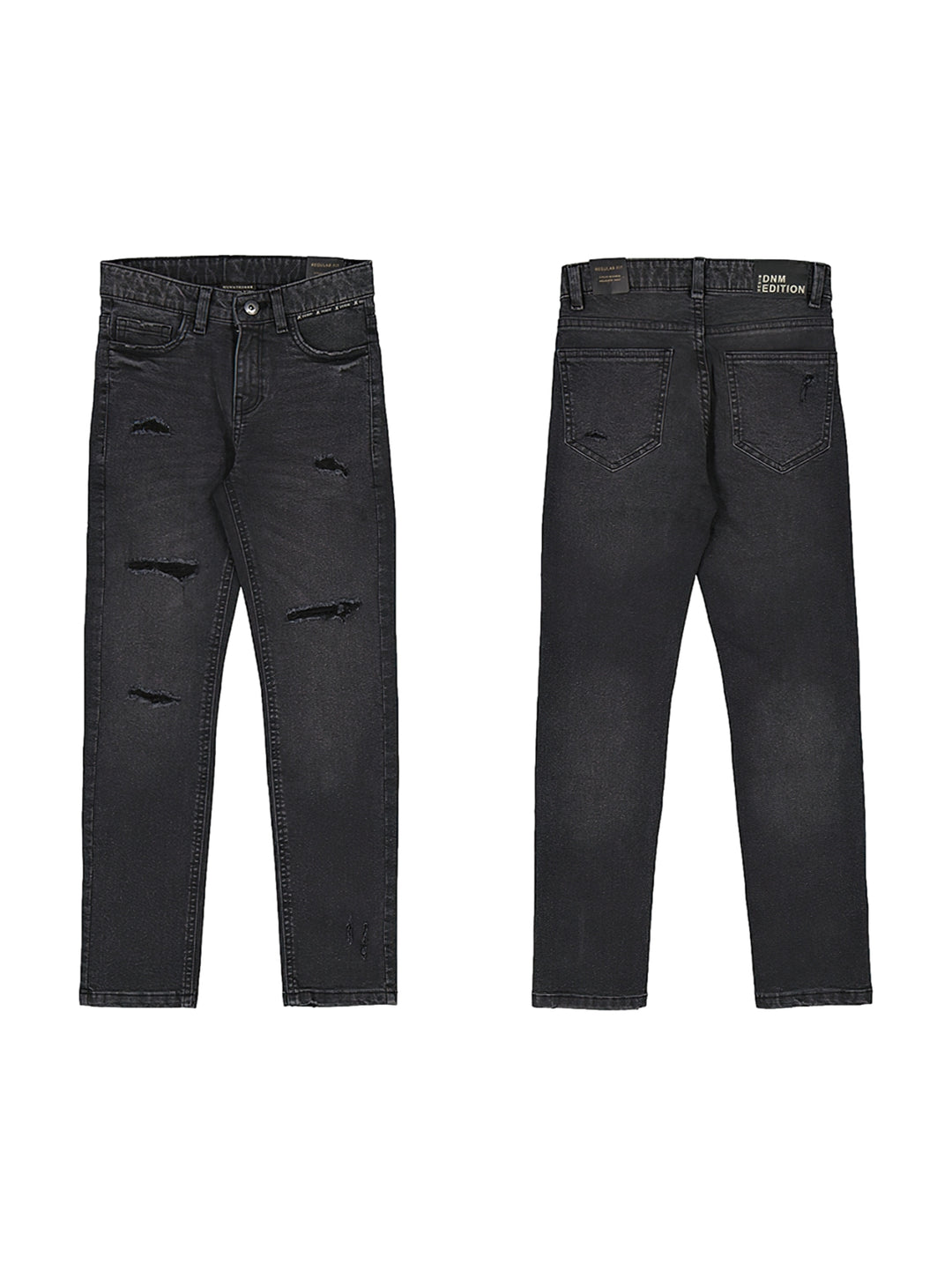 Vista frontal y posterior de pantalones denim en color gris oscuro con detalles de roturas.