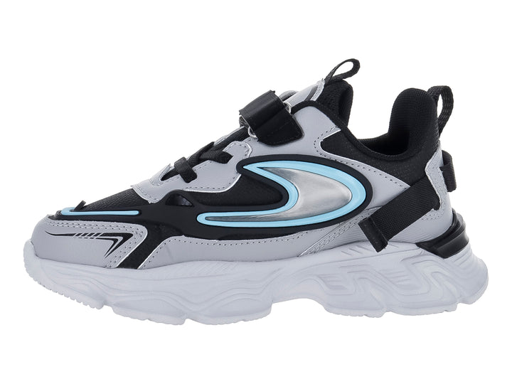 Tenis deportivos infantiles color gris y negro con suela blanca gruesa y detalles en azul claro.