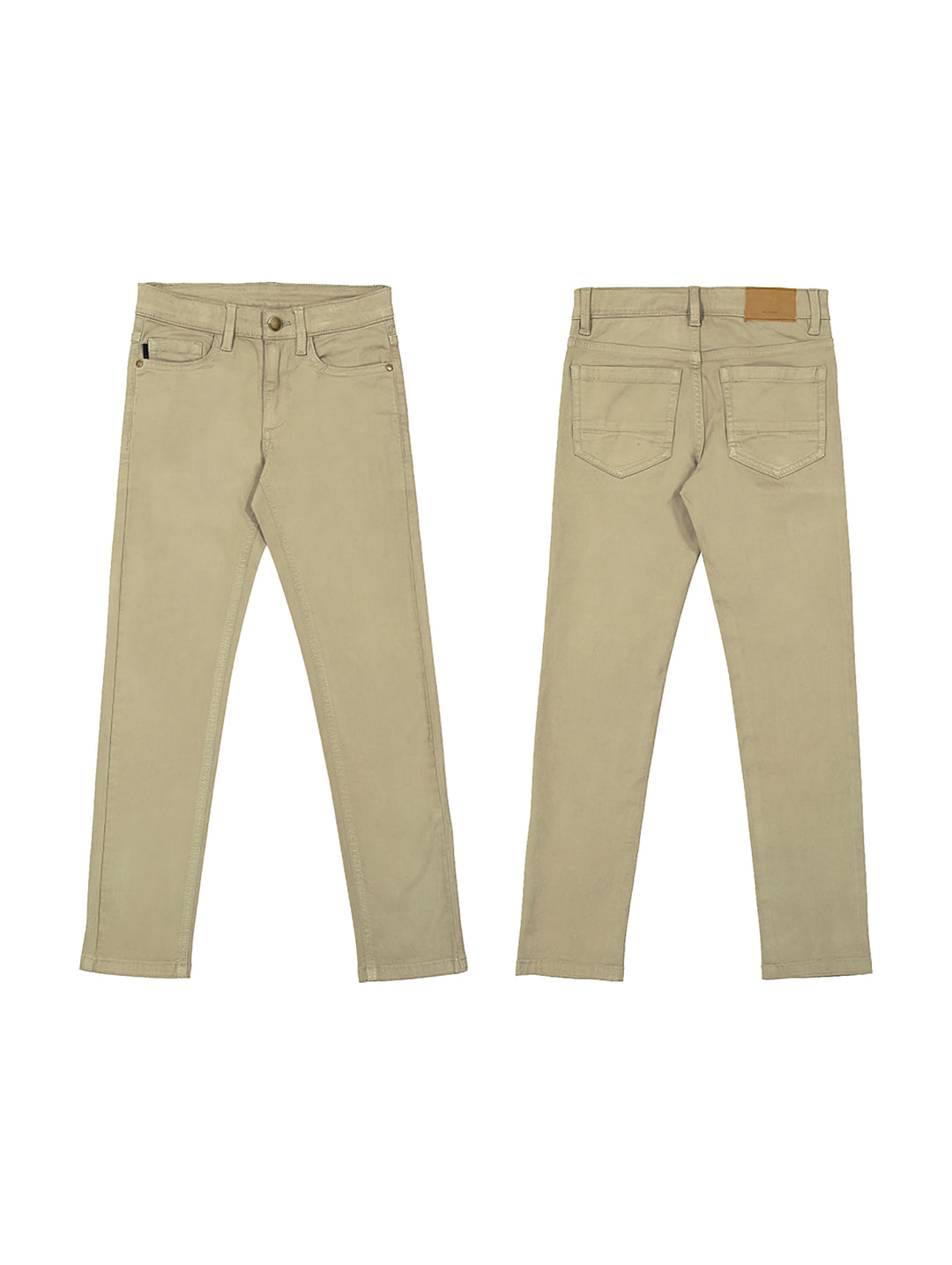 Vista frontal y posterior de un pantalón slim fit color beige para Niño.