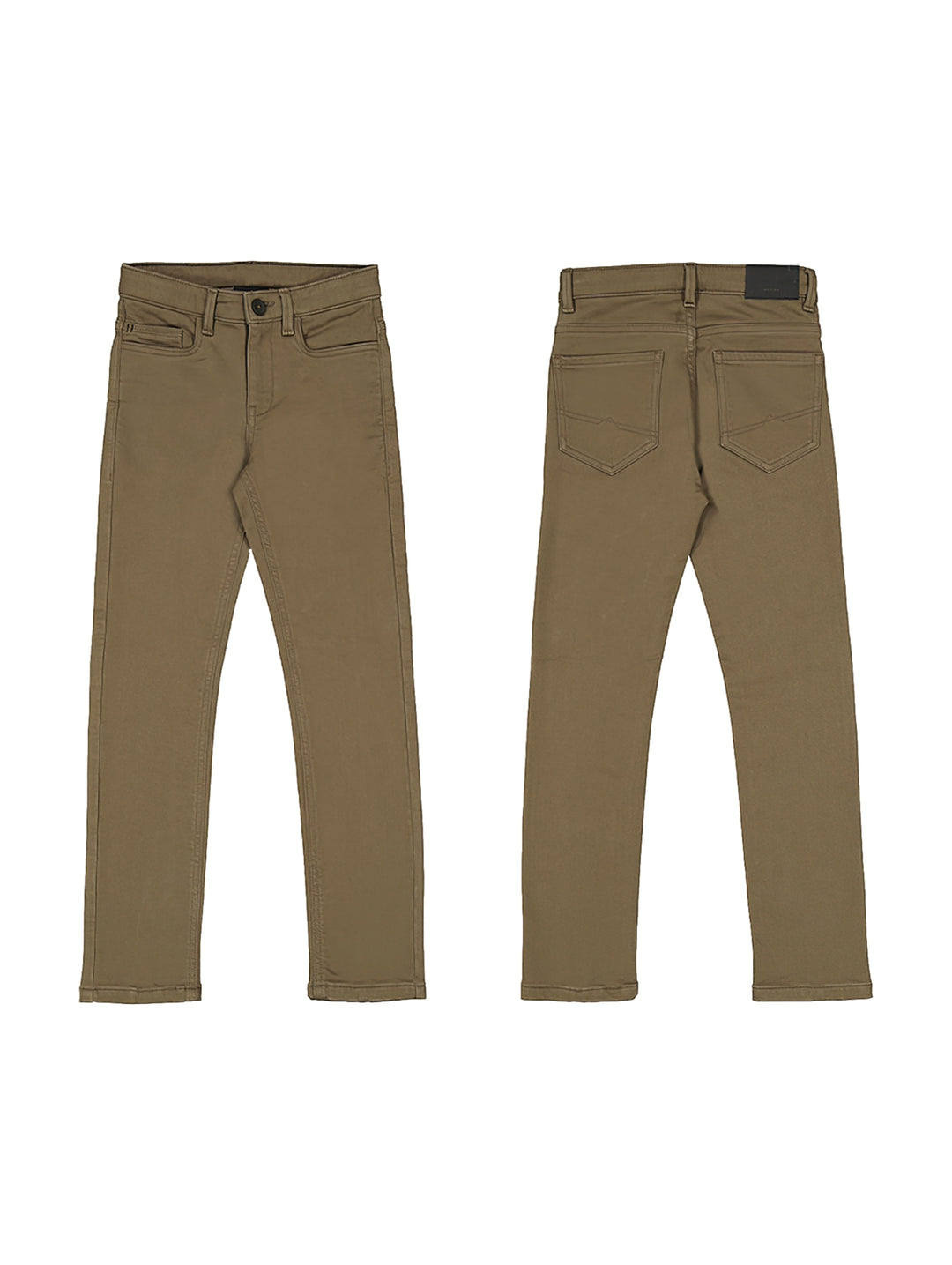 Vista frontal y posterior de un pantalón casual color visón para niño.
