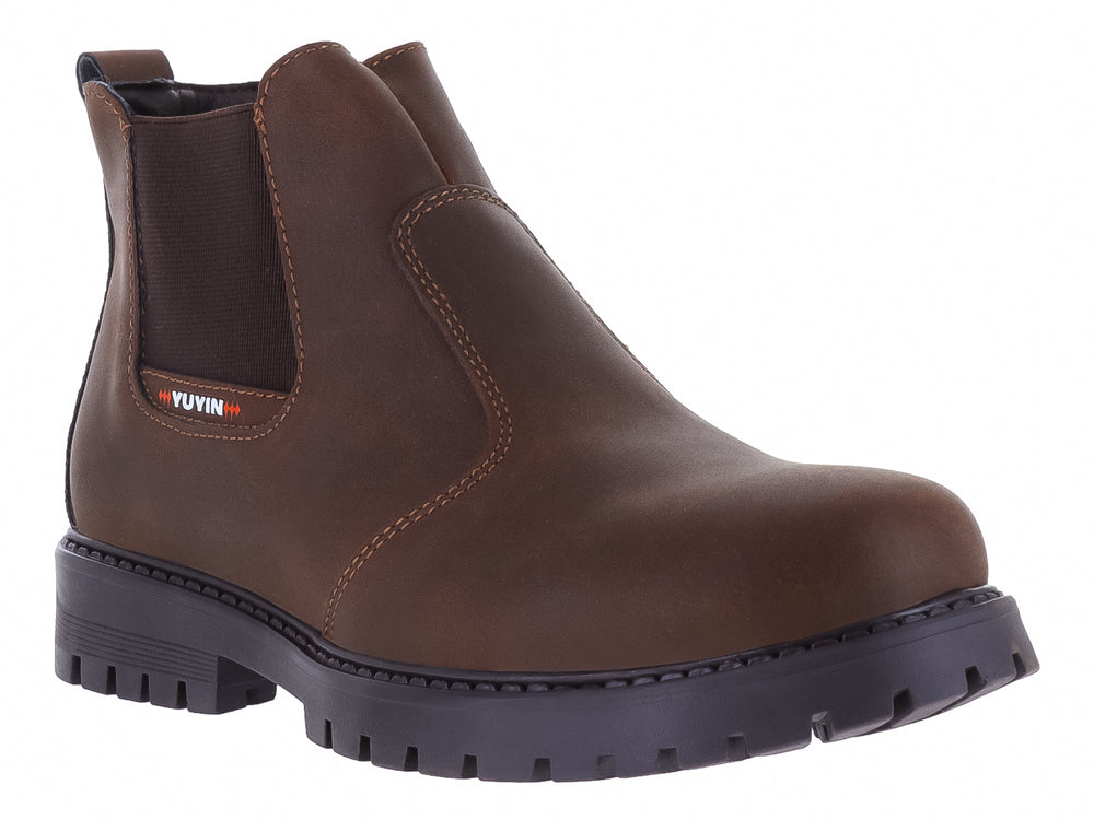 Botas YUYIN modelo 24571 en color chocolate con suela negra dentada y panel elástico lateral.