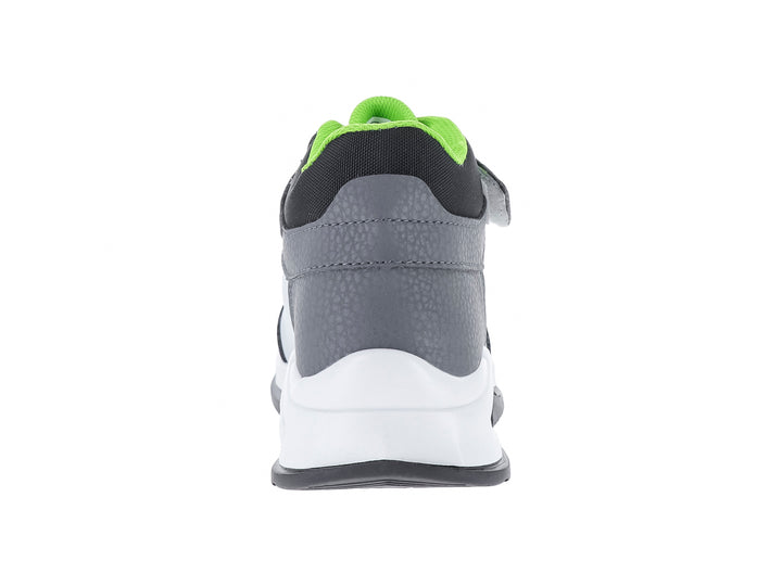 Tenis deportivos para niño en colores blanco y gris con motivos de Minecraft y correa de velcro.