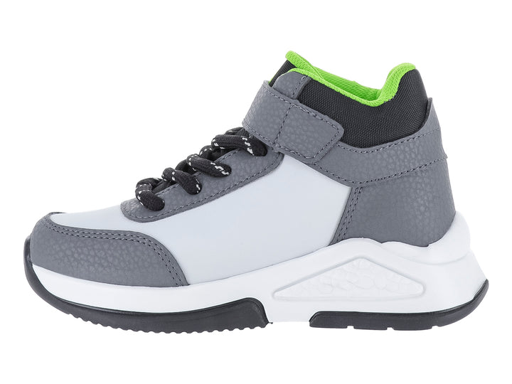 Tenis deportivos para niño en colores blanco y gris con motivos de Minecraft y correa de velcro.