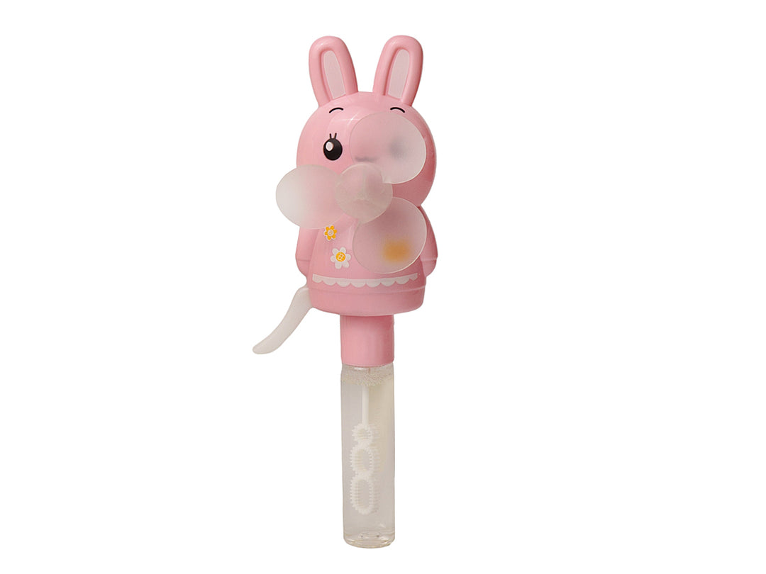 Juguete lanza burbujas en forma de conejo color rosa con ventilador frontal y mango transparente.
