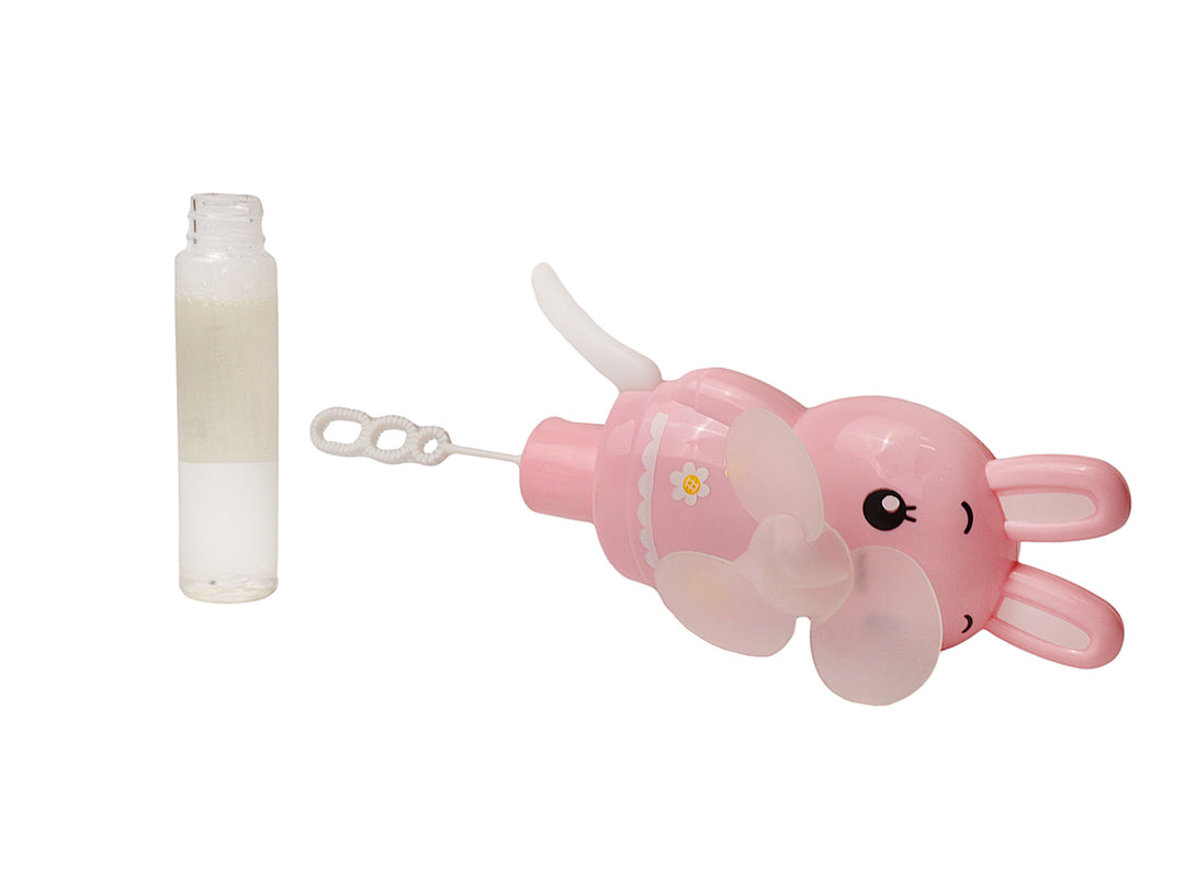 Juguete lanza burbujas en forma de conejo color rosa con ventilador frontal y mango transparente.