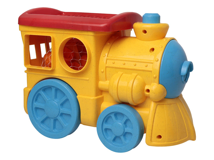 Juguete de tren amarillo con detalles en azul y rojo, fabricado en material de paja de trigo, dentro de su empaque.