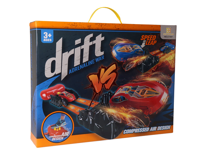 Caja de juego Drift Adrenaline War con vehículos de juguete rojos y azules y sistema de aire comprimido.